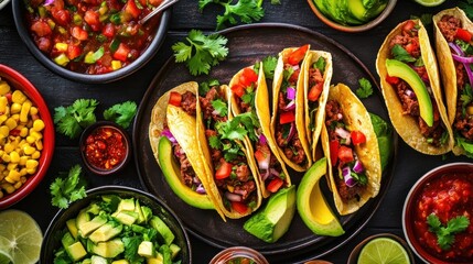 A vibrant spread of tacos with fresh toppings and sides, perfect for a festive meal.