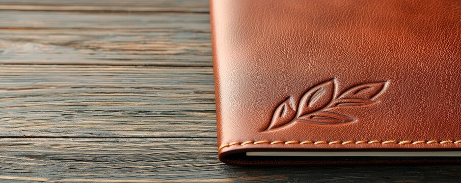 A close-up of a beautifully crafted leather notebook with an embossed leaf design, set against a rustic wooden background.