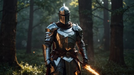 Obraz premium A character in a fantasy knight cosplay with a shining lance, silver armor, and a battlefield backdrop.