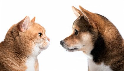 Shiba Inu and brown cat looking at each other.