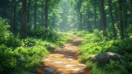 Fototapeta premium Serene forest path surrounded by lush greenery and sunlight.