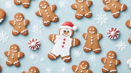 A festive arrangement of gingerbread cookies, including a snowman in a Santa hat, surrounded by peppermint candies on a light blue background.