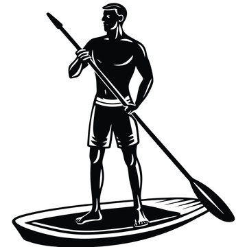recommend clip art: a man is standing on a paddle board with a paddle silhouette vector