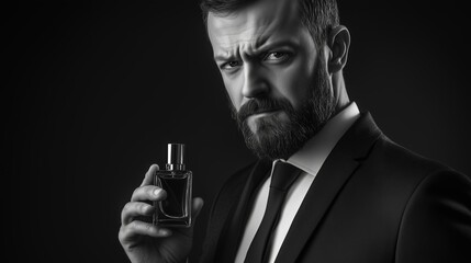 A confident man showcasing a dark fragrance in a formal suit against a dramatic black background during a photoshoot at night