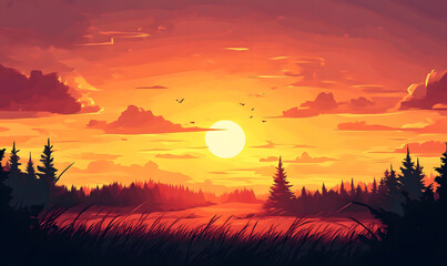 sunset forest vector flat minimalistic isolated illustration