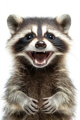 Fototapeta premium A Joyful Raccoon With a Wide Grin Stands Against a Bright Background, Showcasing Its Playful Nature and Fluffy Fur