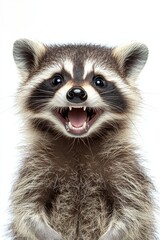 Obraz premium A Cheerful Raccoon With an Expressive Smile, Captured Against a Clean, White Background, Showcasing Its Playful Personality and Charm