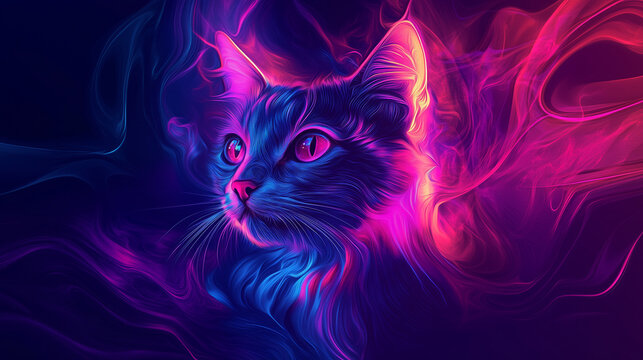 Illustration of a cat, UV-reactive paint effect, Vibrant neon colors glowing in the dark, Stylized artistic design, Abstract background with light reflections, Futuristic and modern fee