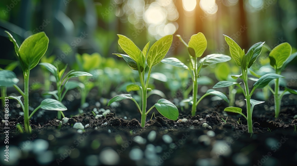 Poster Sprouting seedlings in a row, symbolizing the growth and progress of a business. Generative AI.