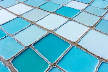 Colorful Salt Flats Creating a Vibrant Mosaic Pattern Contrasting With Bright Blue Water on a Sunny Day