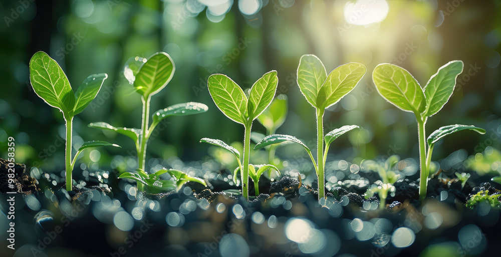 Poster Sprouting seedlings in a row, symbolizing the growth and progress of a business. Generative AI.