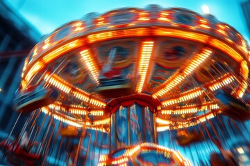Vibrant Carousel Spins Joyfully at Sunset, Illuminating the Evening Sky With Colorful Lights in a Festive Fairground Setting