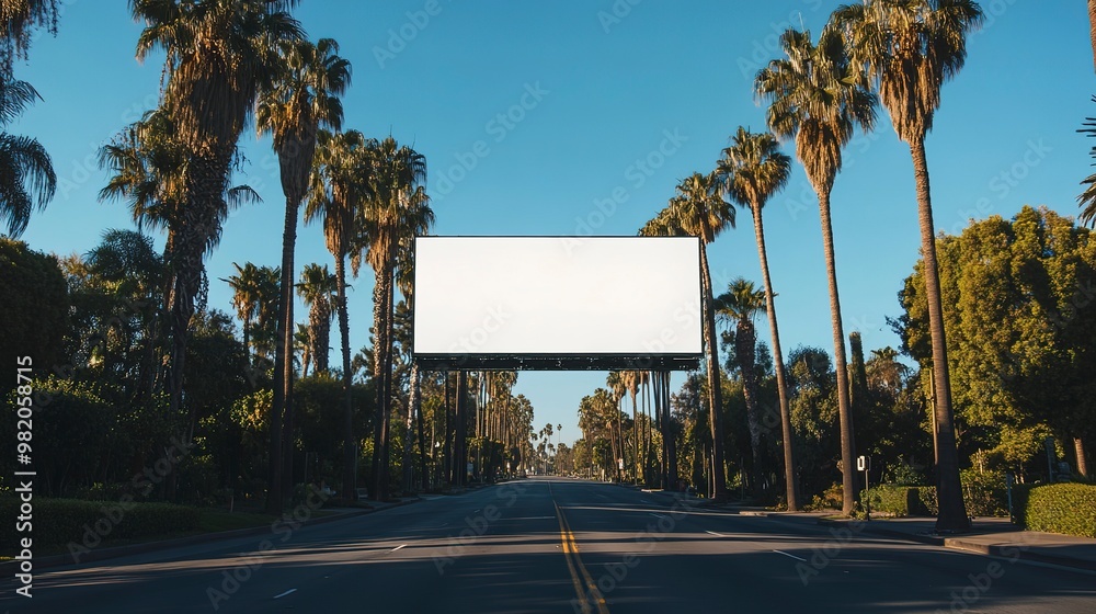 Canvas Prints A large billboard is in the middle of a palm tree-lined street. The billboard is white and is the only thing visible in the image. The palm trees are tall and are located on both sides of the street 