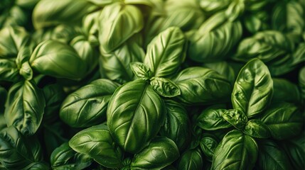 Obraz premium A vibrant, dense cluster of fresh green basil leaves filling the entire frame. The leaves are glossy, with detailed veins and a lush, healthy appearance. Generative AI.