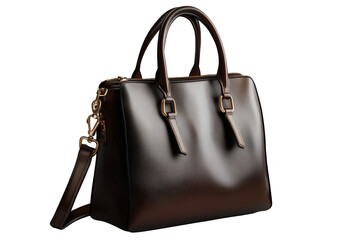 Stylish brown leather women's bag on a transparent background