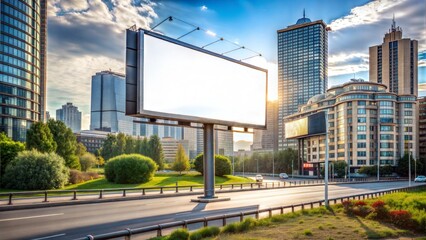 Obraz premium A large blank billboard stands on a busy road surrounded by modern skyscrapers under a bright sky.