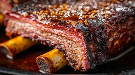 Delicious, tender smoked brisket with a rich glaze, ideal for barbecue enthusiasts and food photography.
