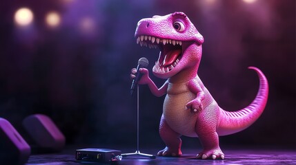 A cartoon pink dinosaur is singing into a microphone on a stage.