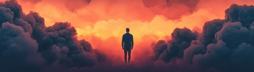 Obraz premium A solitary figure stands against a vibrant sky filled with orange clouds, evoking feelings of introspection and exploration.