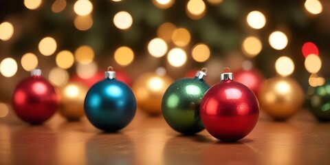Obraz premium Blurred Christmas ornaments and lights with a warm, festive background.