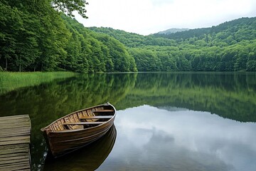 Obraz premium Wooden rowboat rests on the still water of a lake, its surface a mirror reflecting the lush green forest surrounding the shore
