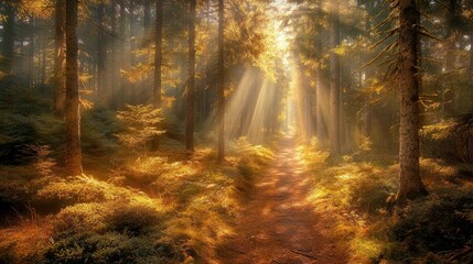Obraz premium Golden shafts of light bathe the pine-kissed path, creating an ethereal tapestry of nature's artistry.