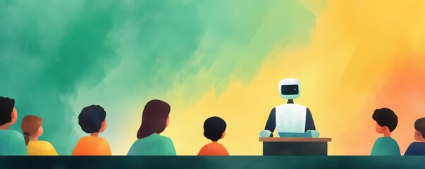 A classroom scene where a robot presents to an audience of children, illustrating the blend of technology and education.
