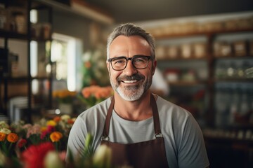 Obraz premium A cheerful florist stands in his flower shop, surrounded by colorful blooms and a friendly environment, radiating happiness and enthusiasm for his work.