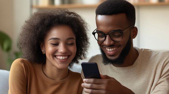 Happy couple using smartphone, having fun together at home, looking at phone, watching video, chatting, or shopping online.