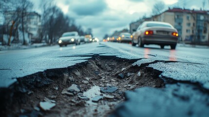 Severe Road Damage Causing Traffic Disruption on a Cloudy Day in an Urban Area