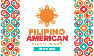 Filipino American History Month. Happy holiday celebrate annual in October. Filipinos and United States flag. Culture month. Patriotic design. Poster, card, banner, template. Vector illustration