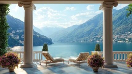 Fototapeta premium Luxurious five-star hotel with a private outdoor patio overlooking Lake Como. A vacant villa's terrace with a sunbathing lounger.