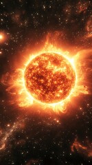 Obraz premium Glowing Sun Against a Cosmic Backdrop Showcasing Vibrant Solar Flares and Distant Stars in the Vast Universe