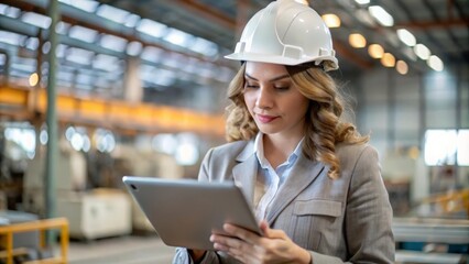 "Female Engineer Checking Data on Tablet" - Woman engineer analyzing data on a tablet in a metal manufacturing plant.

