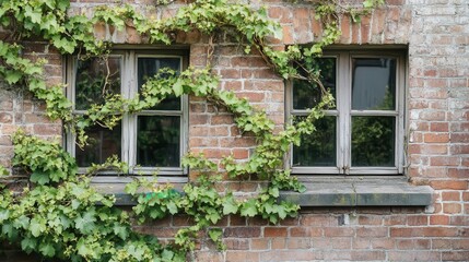 Vines growing wild across a brick building, nature reclaiming the man-made, Botanical
