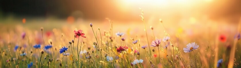 Obraz premium Wildflowers swaying gently in a sunlit meadow, breeze sweeping through, Botanical