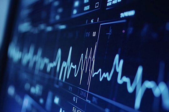 Electrocardiogram in a hospital monitoring vital signs of a patient recovering from surgery. The graph is showing an increase in heart rate