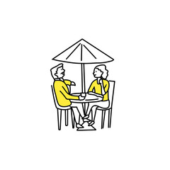 illustration of a man and woman talking under an umbrella