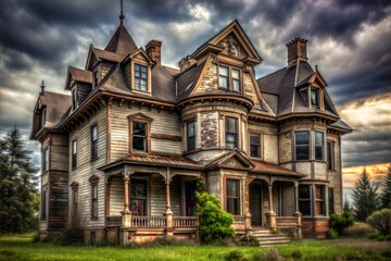 Old victorian mansion with dramatic sky and weathered exterior