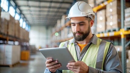 "Worker in Safety Gear Using Tablet" - Industrial worker in safety uniform and hard hat using a tablet in a warehouse.
