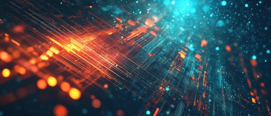 Fototapeta premium Abstract digital landscape with glowing lines and particles in vibrant colors.