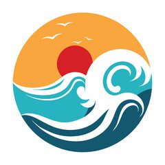 Asian illustration of ocean waves and sun vector