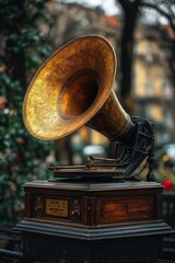 A Vintage Gramophone Rests Elegantly in a Lush Garden, Showcasing Its Ornate Design and Golden Horn on a Calm Autumn Afternoon