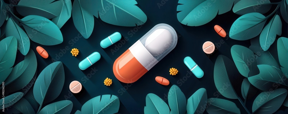 Wall mural allergy medication, pollen particles around, flat design illustration