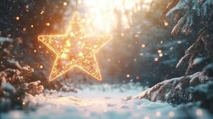 Luminous shining christmas star among a snowy winter landscape creative magic New Year and Christmas card