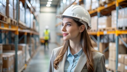 "Professional in Safety Uniform and Hard Hat" - Female professional in a hard hat and safety uniform, walking through a warehouse.
