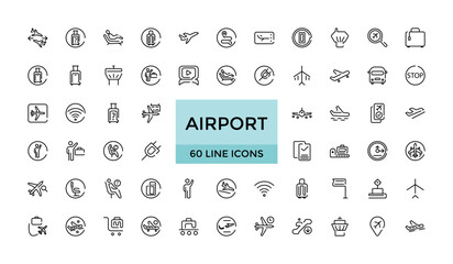 Set of line icons related to airport. Linear icon collection. Editable stroke. Big web and UI icon set in a flat design. Thin outline icons pack. Vector illustration