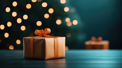 A beautifully wrapped gift box with an orange ribbon, set against a soft, blurred background of twinkling festive lights.