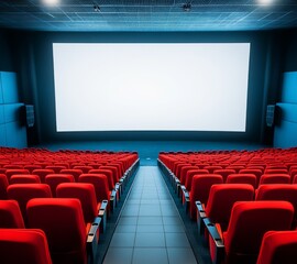 Obraz premium Empty Cinema Auditorium With Red Chairs and a Large White Screen Ready for the Next Film Showing in a Modern Setting