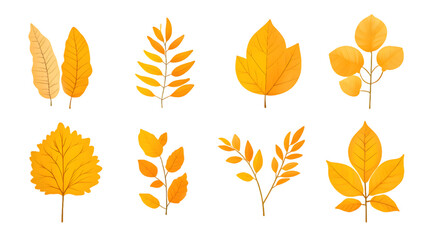 Autumn yellow leaves hand drawn collection isolated on transparent background